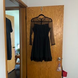 RYU Anthropology NWOT black mini dress w/sheer mesh long sleeves tulle hem Small